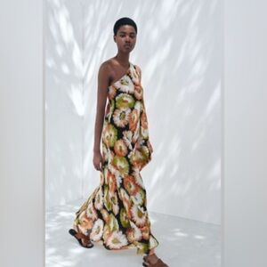 Zara One-Shoulder Floral Dress - Green and Orange